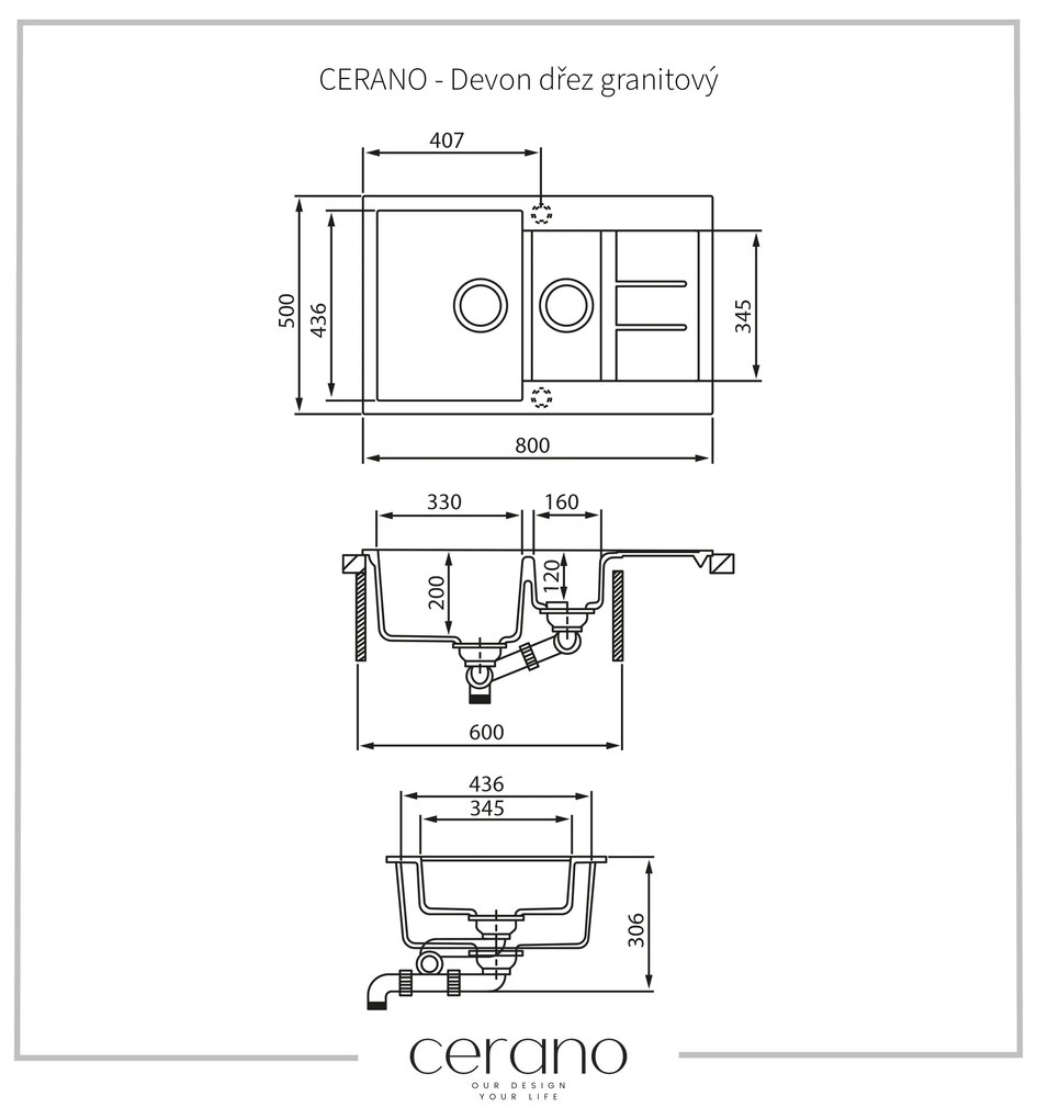 Cerano Devon, drez granitový, 1,5-komorový s odkvapkávačom, 800x500x200 mm, čierna metalická, CER-LIVSQT151-B