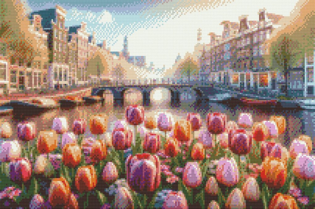 Gario Diamantové maľovanie Tulipány s výhľadom na most Rozmery: 40 x 60 cm, Rámovanie: Iba zrolované plátno, Diamanty: Štvorcové