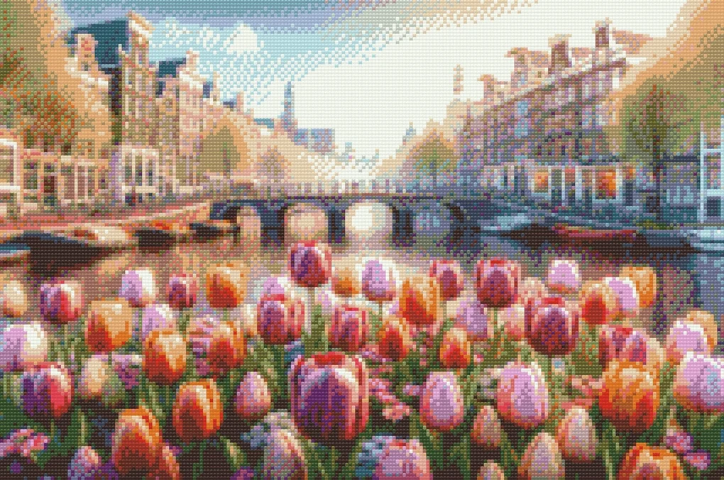 Gario Diamantové maľovanie Tulipány s výhľadom na most Rozmery: 60 x 80 cm, Rámovanie: S vnútorným rámom, Diamanty: Okrúhle