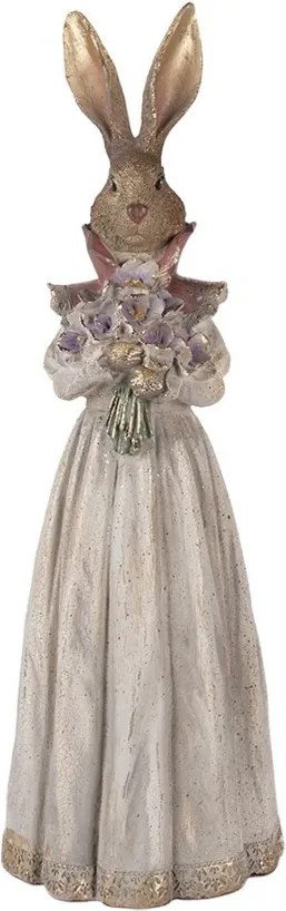 Dekorácia zajačice v šatách kyticou v ruke a zlatou patinou - 18*16*53 cm