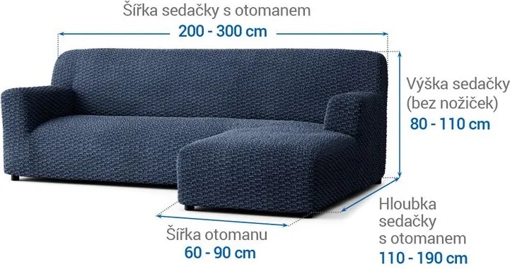 Bielastické poťahy MOSAICO modré sedačka s otomanom vpravo (š. 170 - 300 cm)