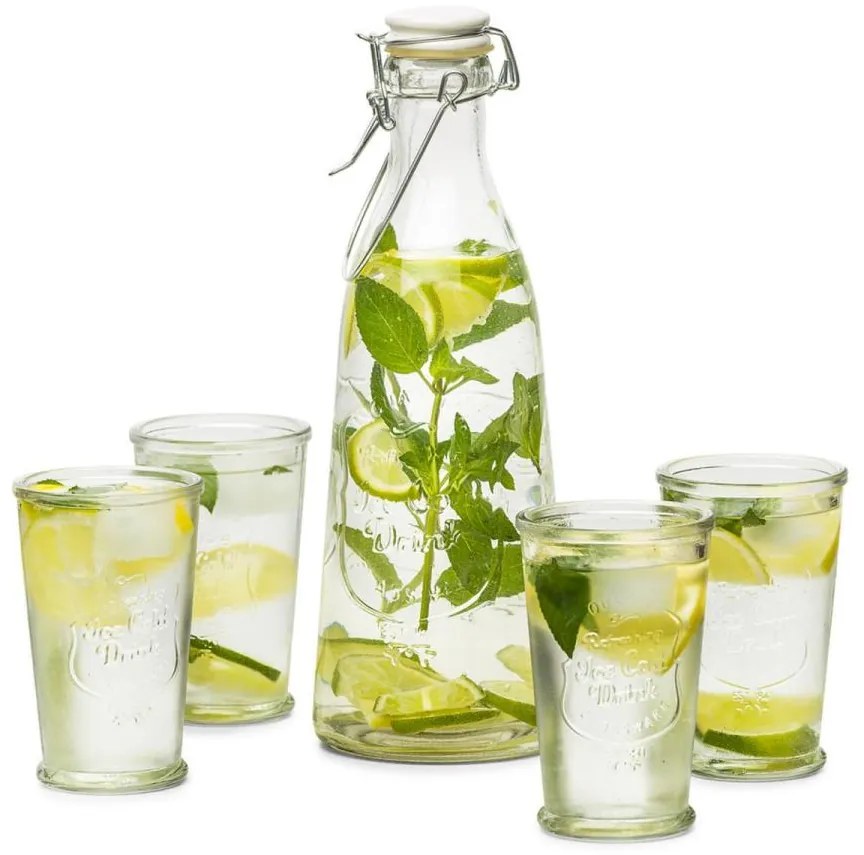 Fľaša 1l + 4 poháre 250 ml sada sklo