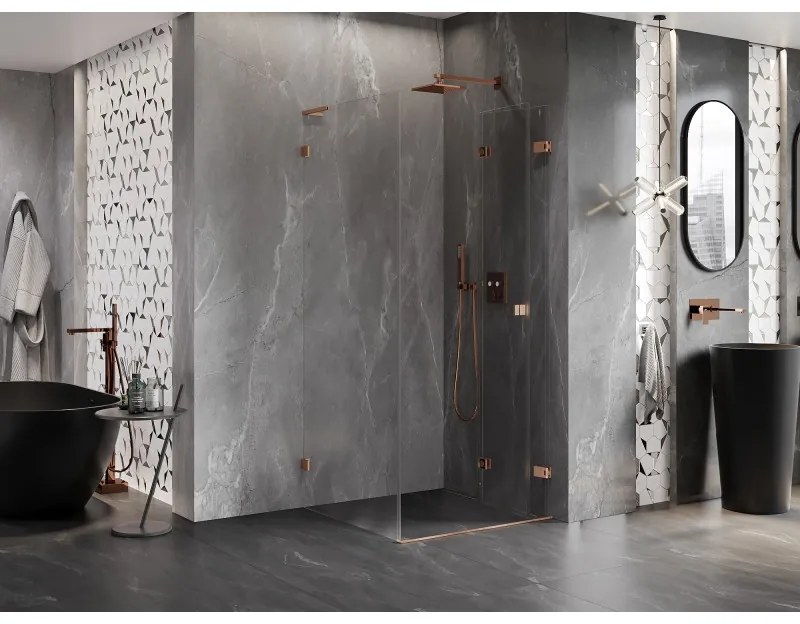Mexen Lunar-F L, sprchový kút pravý 90 x 90 cm, 8mm číre sklo, profil medená matná, 836L-090-090-65-00-P