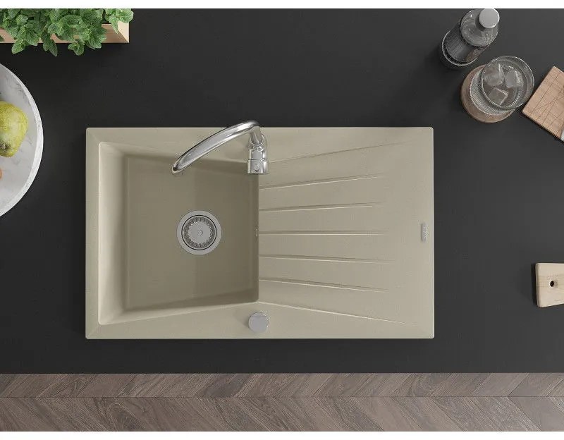 Mexen Cesar, granitový drez 775x470x190 mm, 1-komorový, béžová s chrómovým sifónom a chrómová drezová batéria Telma, 6514-69-670200-00