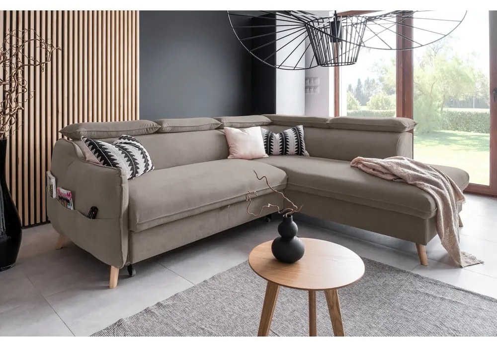 Svetlohnedá zamatová rozkladacia rohová pohovka (pravý roh) Sweet Harmony – Miuform