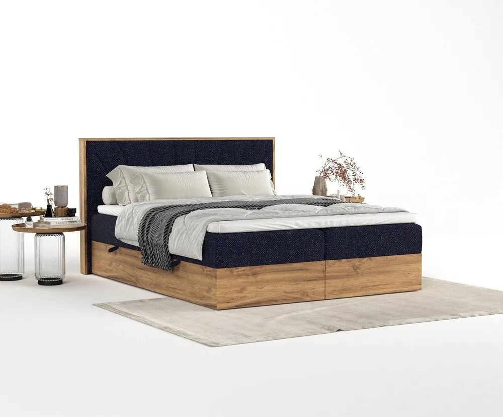 Boxspring posteľ s úložným priestorom v tmavomodro-prírodnej farbe 200x200 cm Asahi – Maison de Rêve