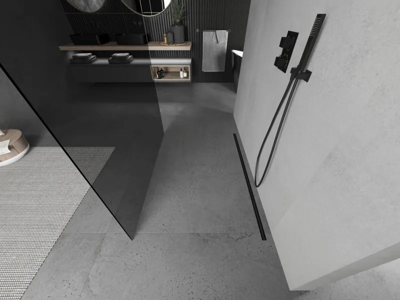 Mexen Kioto, priechodná sprchová zástena 110 x 200 cm, 8mm šedé sklo, 2x čierna stabilizačná rozpera, 800-110-002-70-40