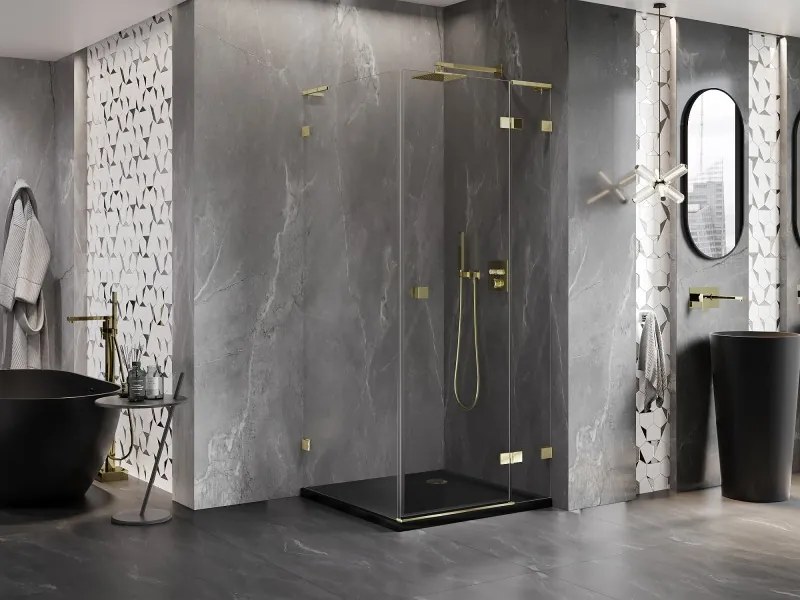 Mexen Lunar L, 1-krídlový sprchový kút, pravý, 90 x 90 cm, 8mm číre sklo, zlatý lesklý profil, 834L-090-090-50-00-P