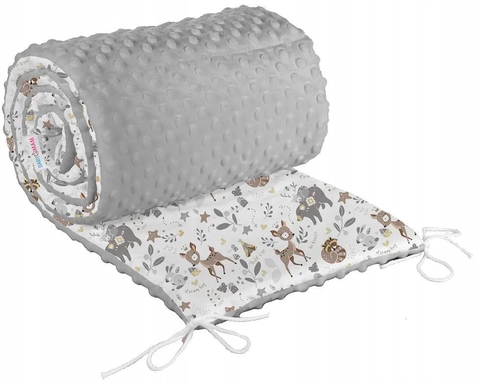 Ochranný mantinel do postieľky 180x30 cm BABYMAM PREMIUM - Srnček a priatelia so šedou minky