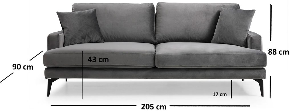 Pohodlná trojmiestna pohovka Papira 205 x 90 cm, sivá