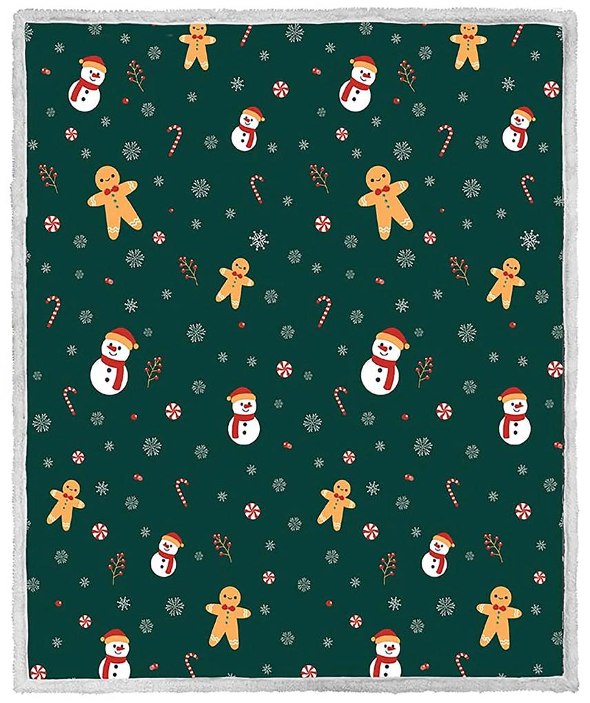 Vianočná tmavozelená baránková deka z mikroplyšu SNEHULÁK A PERNÍČEK Rozmer: 200 x 220 cm