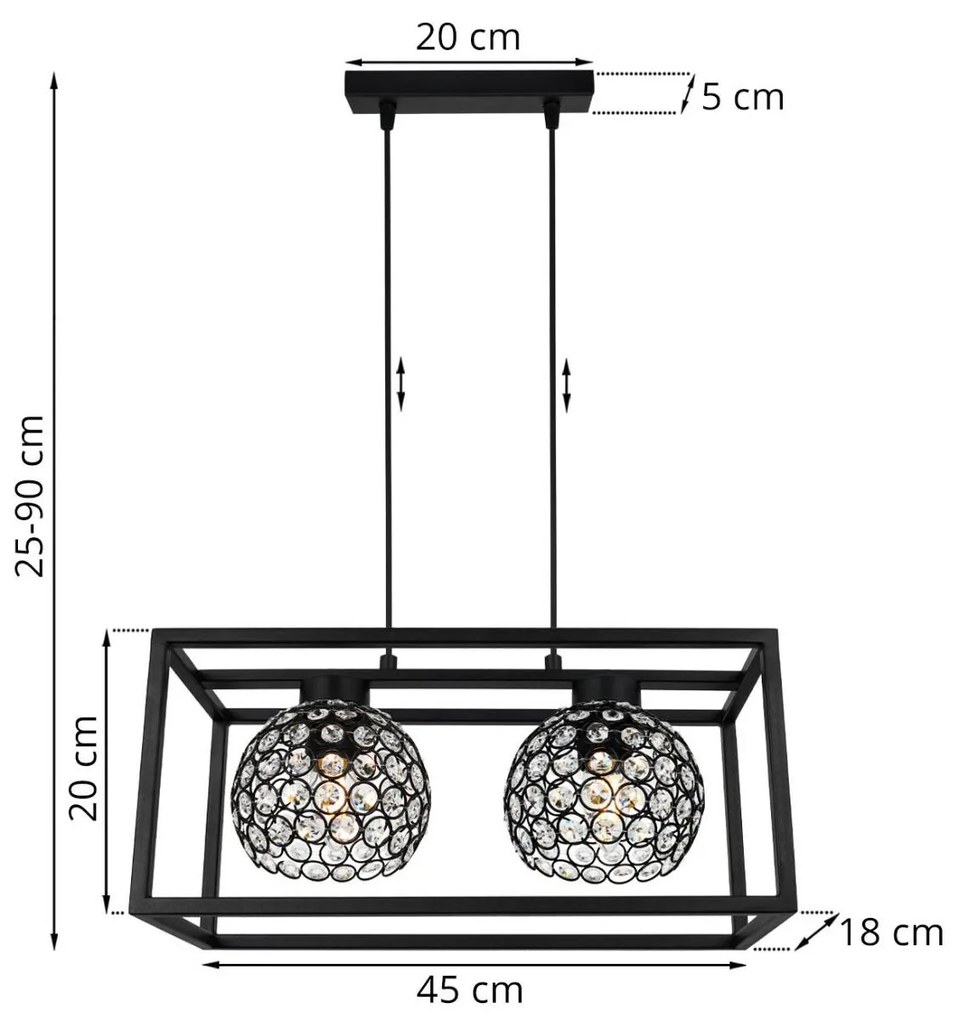 Závesné svietidlo CRYSTAL CAGE, 2x čierne krištáľové tienidlo v kovovom ráme