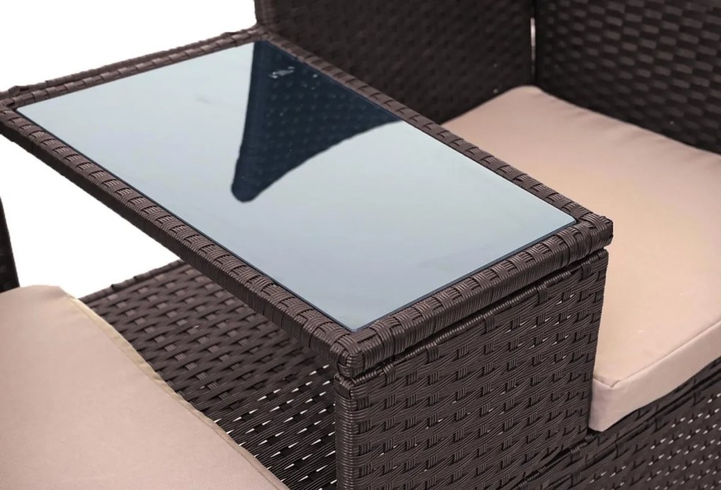 Záhradná lavica so stolíkom E24 - umelý ratan, 132cm - Hnedá, sedáky krémová