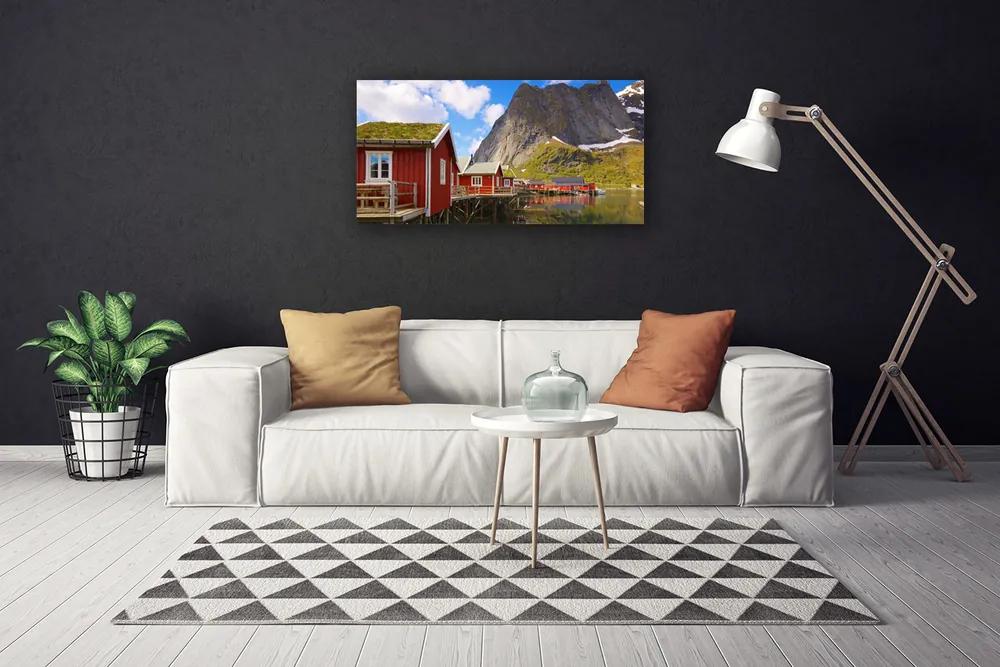 Obraz Canvas Domy jazero hory príroda 125x50 cm
