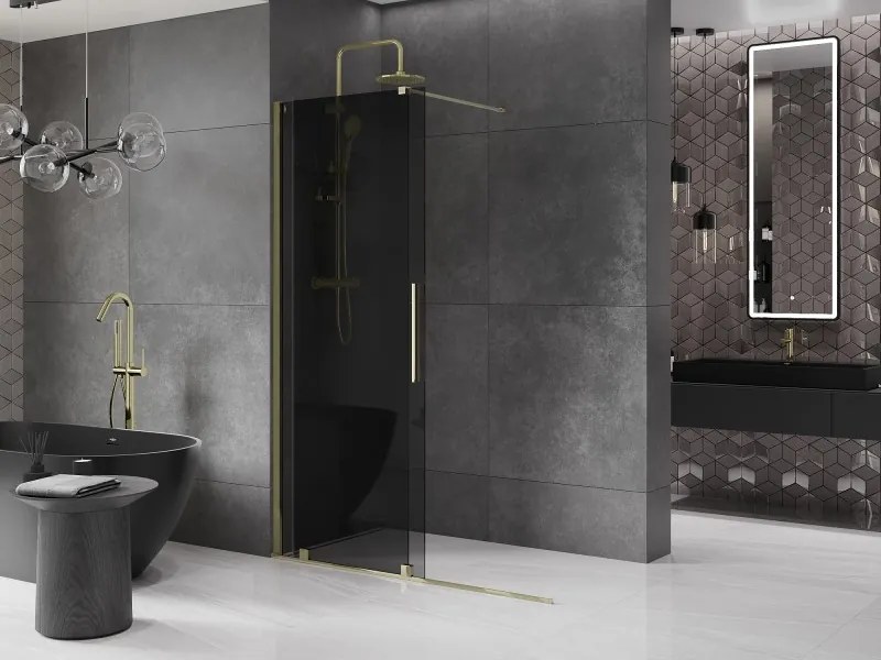 Mexen Velar, sprchová zástena s posuvnými dverami Walk-in 140 x 200 cm, 8mm šedé sklo, zlatá lesklá, 871-140-000-43-50