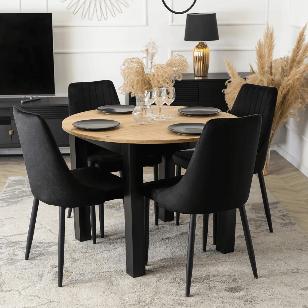 Vintino Jedálenská zostava stôl AMFORA 102-142cm dub artisan čierny + 4 stoličky RODIGO čierne