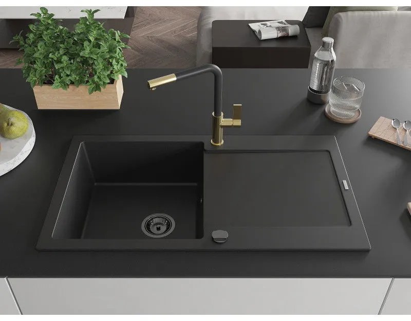 Mexen Leo, 1-komorový granitový drez 900x500x190 mm a drezová batéria Flora, čierna, 6501-77-670401-57-B