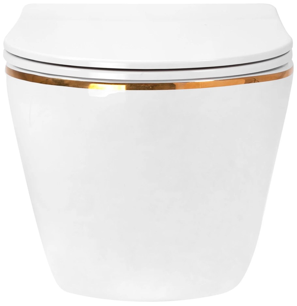 Rea Carlo Mini, závesná WC misa 49x37 cm Rimless s pomaly padajúcim toaletným sedadlom, biela-zlatý okraj, REA-C1222