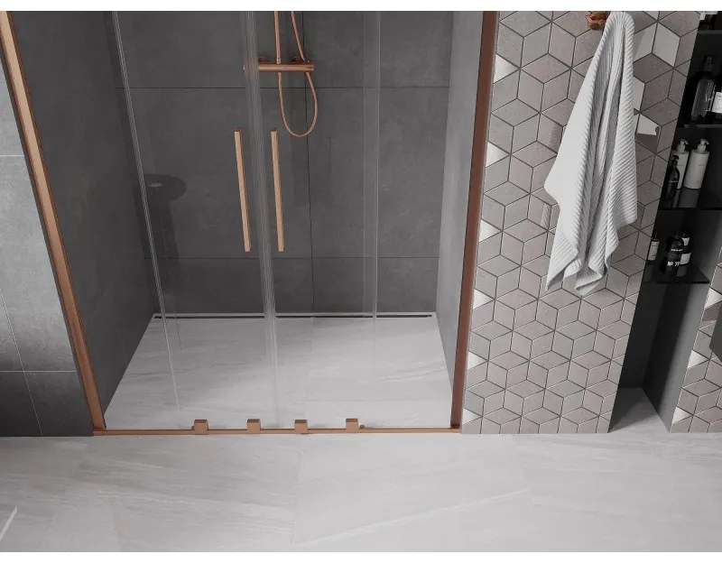 Mexen Velar Duo, posuvné dvere do otvoru 160x200 cm, 8mm číre sklo, medená matná, 871-160-000-02-65
