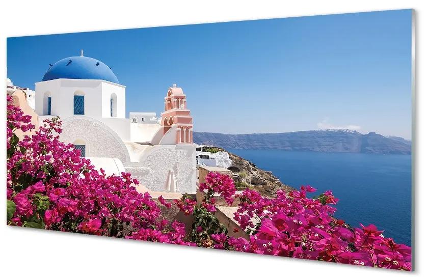 Sklenený obraz Grécko kvety morské stavby 125x50 cm