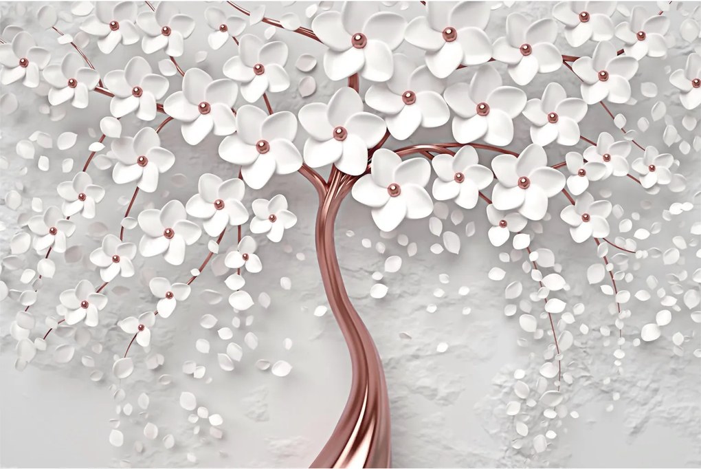 Obraz - Obraz bieleho stromu s kvetinami, rosegold (90x60 cm)