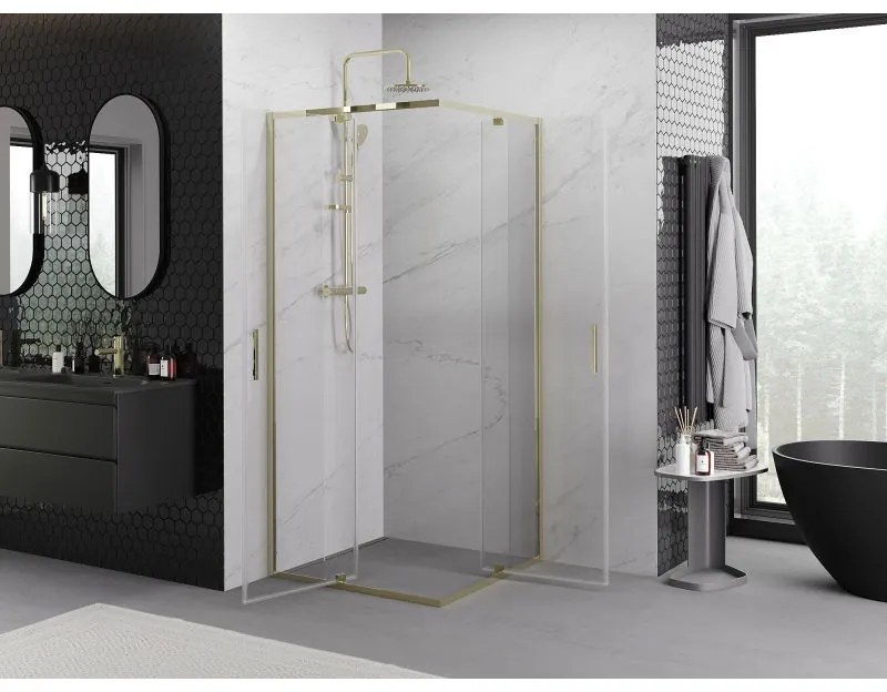 Mexen Exo, výklopný štvorcový sprchový kút 90 x 90 cm, číre sklo, zlatá, 8110-090-090-50-00
