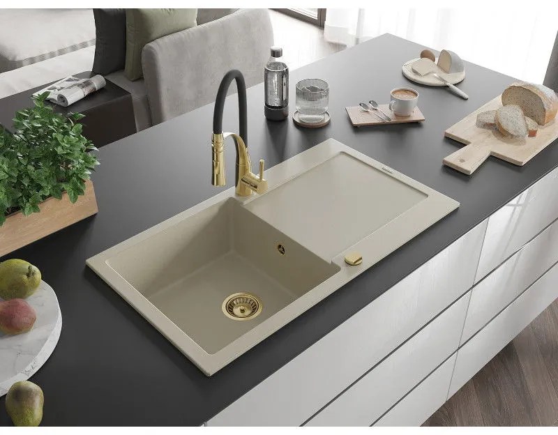 Mexen Leo, granitový drez 900x500x190 mm, 1-komorový a drezová batéria Aster, béžová, 6501-69-73450-57-G