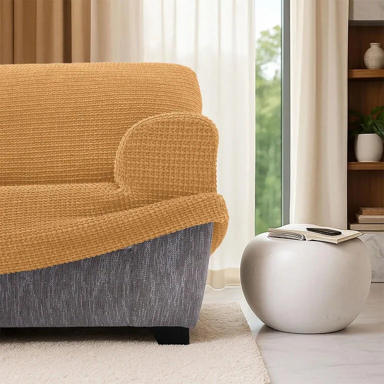 Super strečové poťahy RUBINIA zlatá rohová sedačka (š. 340 - 540 cm)