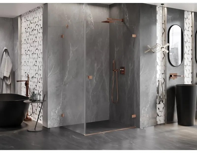 Mexen Lunar-B, pravostranný výklopný sprchový kút 90 x 70 cm, 8mm číre sklo, profil medená matná, 832-090-070-65-00-P