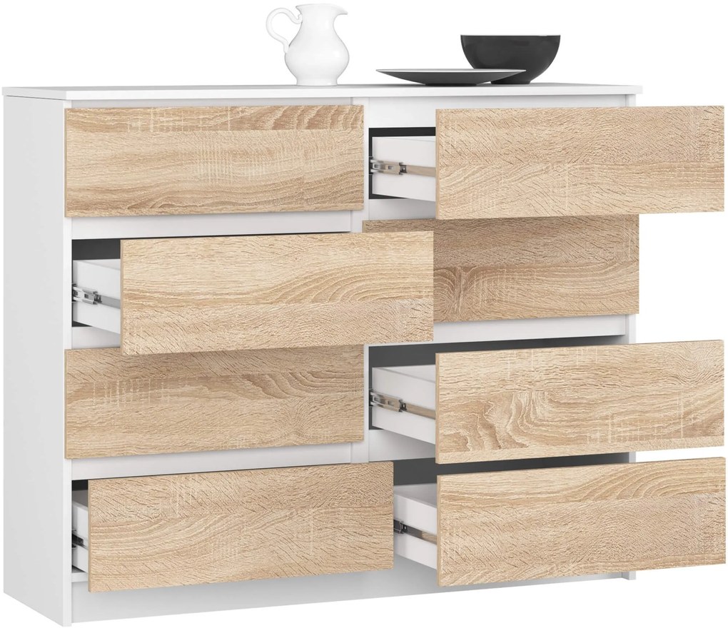 Komoda Kuba 120 cm 8 zásuviek biela/sonoma