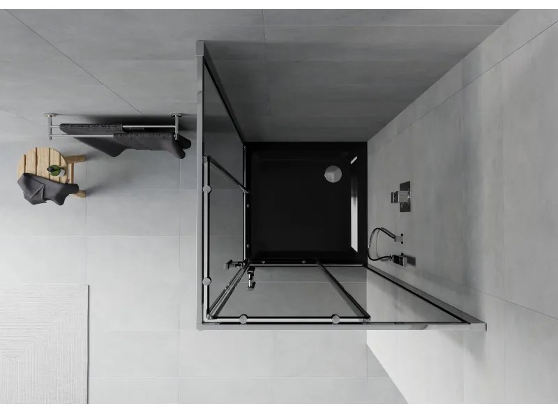 Mexen Rio, štvorcový sprchovací kút s posuvnými dverami 90 x 90 cm, 6mm šedé sklo, chrómový profil + čierna sprchová vanička, 860-090-090-01-40-4070