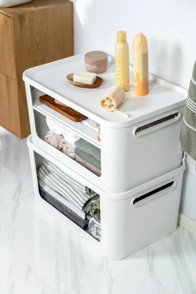 SMARTSTORE Úložný box s otevřenou přední hranou, MODULE, s víkem, bílý -  59,5 × 39,5 × 30 cm