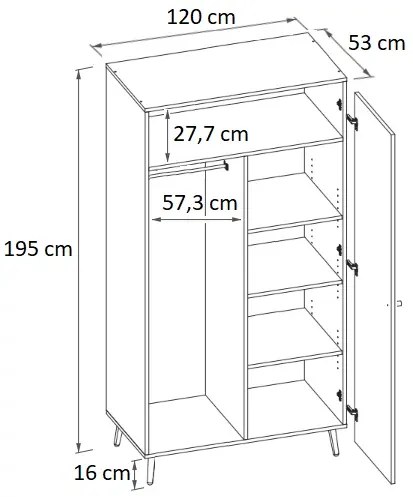 Šatníková skriňa TOLEDO 120cm Dub / čierna - čierne nožičky