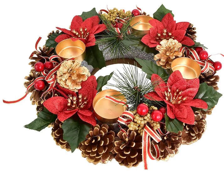 Adventný šiškový veniec POINSETTIA s mašľou 30 cm