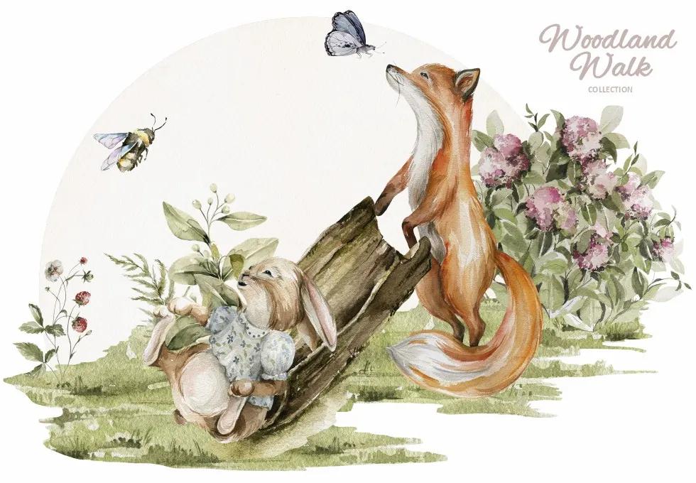 Gario Detská nálepka na stenu Woodland walk - zajačik a líška Rozmery: 140 x 94 cm