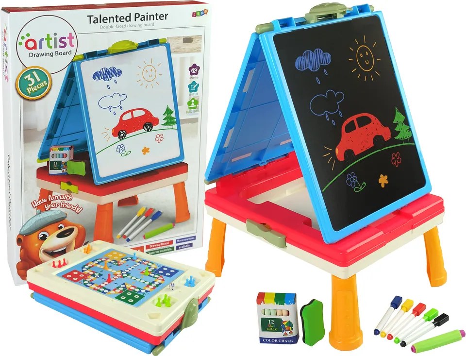 LEAN Toys Magnetická a kriedová tabuľa 3 v 1 s herným stolom modrá