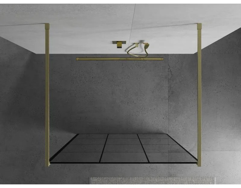 Mexen Kioto, sprchová zástena Walk-In 110 x 200 cm, 8mm sklo čierny vzor, zlatý matný profil, 800-110-002-55-77