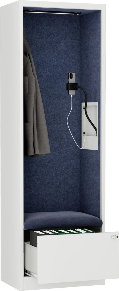 Kancelárska akustická kabína so sedadlom a portom USB-C, telo v biely / sedák tmavomodrá v zelenej farbe, 600 mm: SALLY MentalBox
