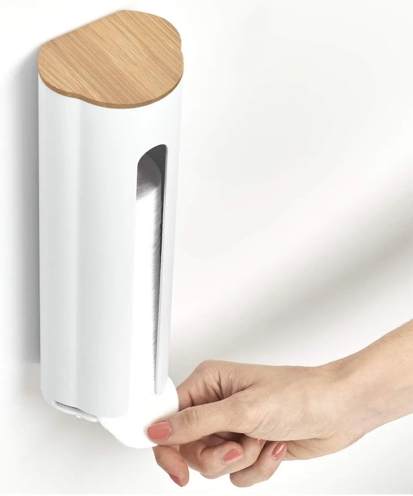 Zásobník na odličovacie tampóny a sáčkovník, biely, bambusové viečko