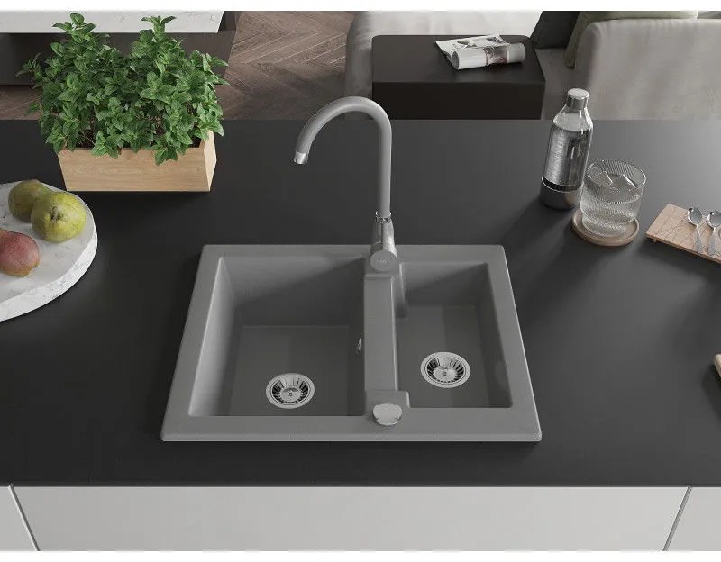 Mexen Carlos, granitový drez 582x475x177 mm, 1,5-komorový a šedá drezová batéria Telma, šedá, 6518-71-670200-71
