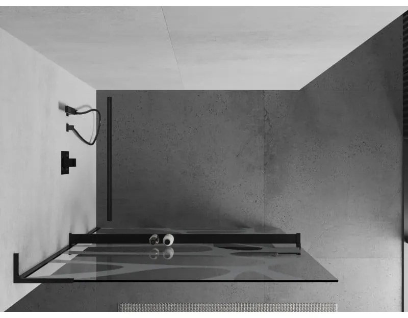 Mexen Kioto+ L, sprchová zástena Walk-In s poličkou a vešiakom 120 x 200 cm, 8mm číre sklo biely vzor, čierny profil, 800-120-123-70-97
