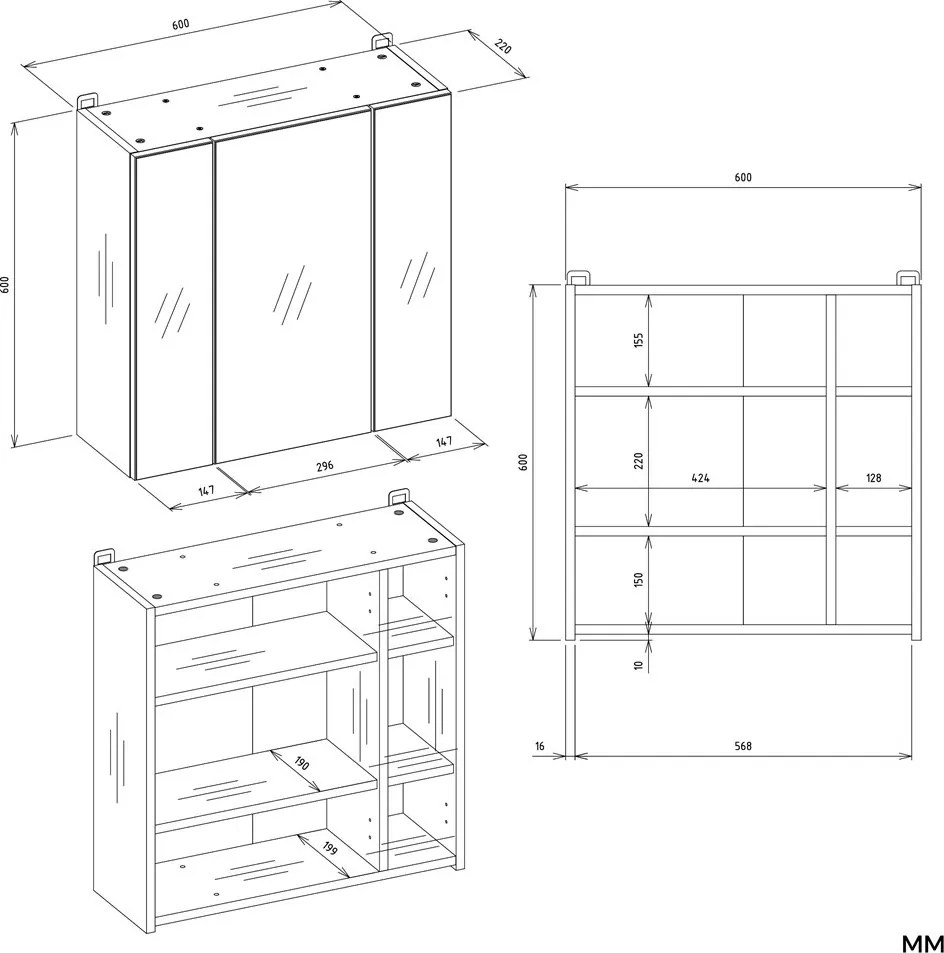 Závesná kúpeľňová skrinka so zrkadlom POLA 3L biela