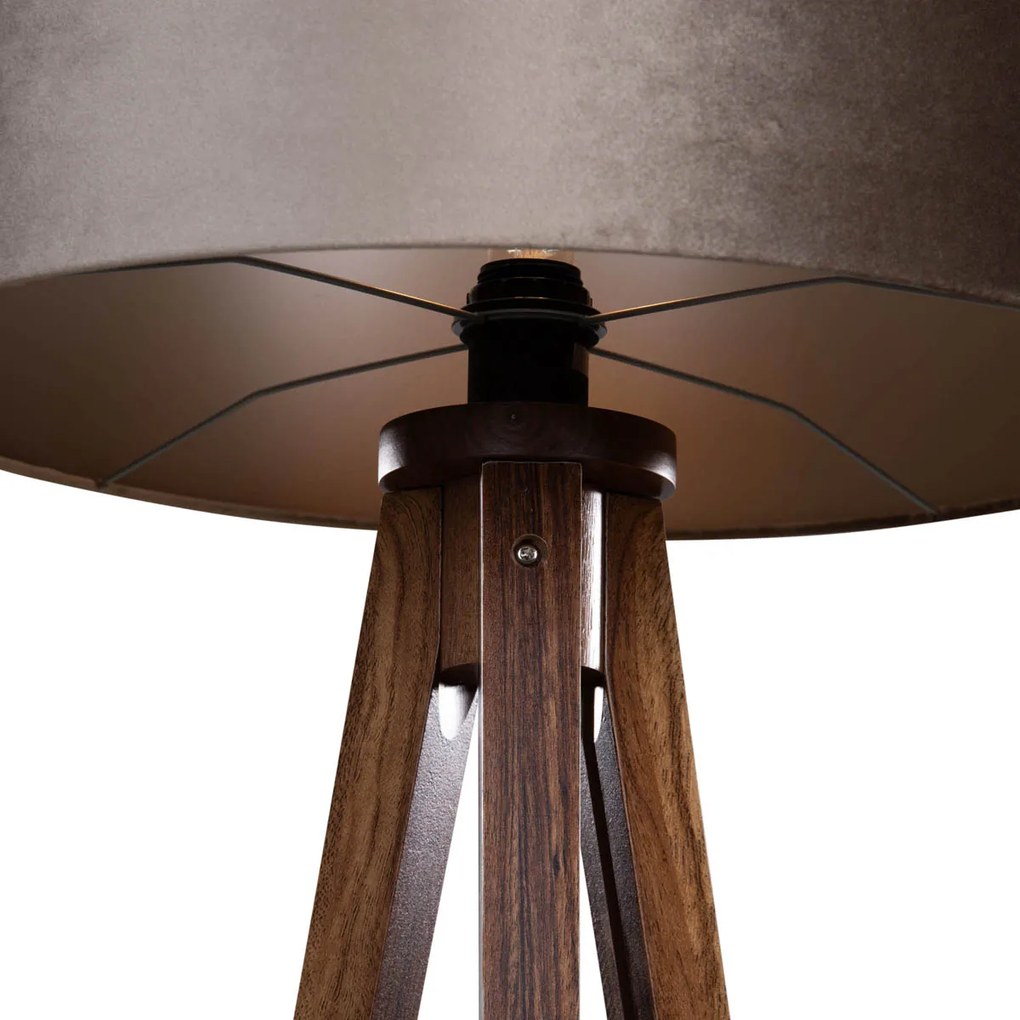 Stojacia lampa na troch nohách z orechového dreva s tienidlom z taupe zamatu 50 cm - Tripod Classic