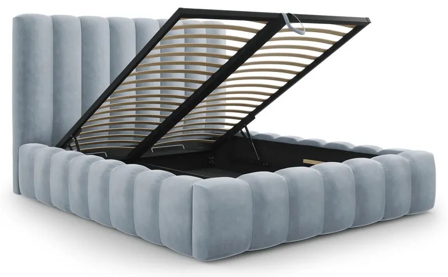Svetlomodrá čalúnená dvojlôžková posteľ s úložným priestorom s roštom 200x200 cm Kelp - Micadoni Home