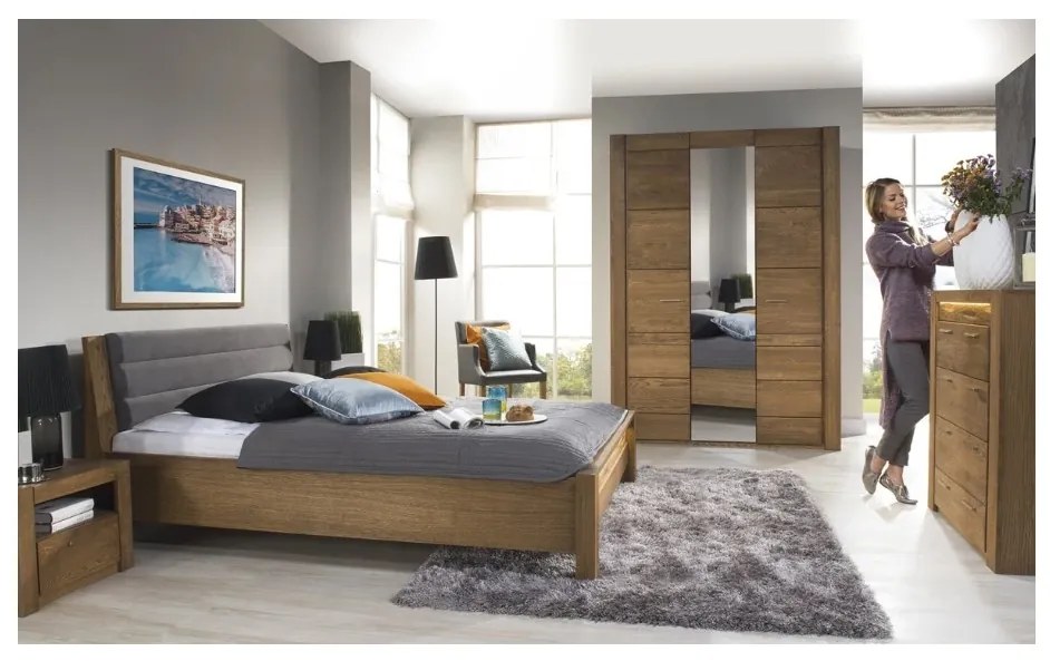 Dvoulůžková postel Velvet II 76 160x200 z masivu s LED osvětlením dub Rustikal/šedá