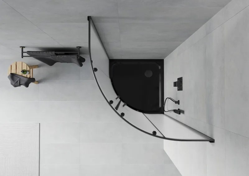 Mexen Rio, štvrťkruhový sprchovací kút s posuvnými dverami 80(dvere) x 80(dvere) x 190 cm, 6mm sklo námraza, čierny profil + čierna sprchová vanička SLIM, 863-080-080-70-30-4170B