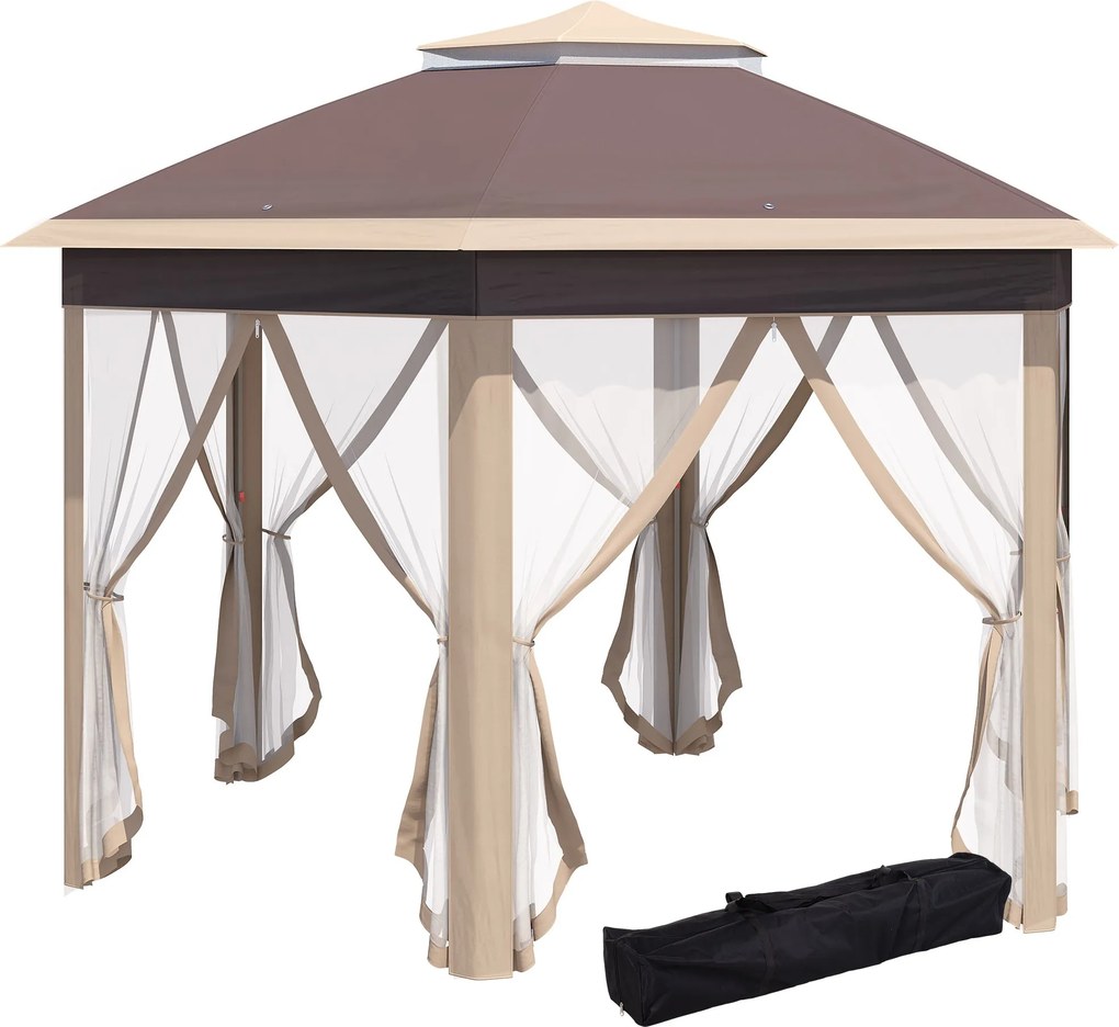 Outsunny Pavilón 4x4m Vodotesný Pop-up Hexagonálny Skladací Pavilón s Dvoma Strechami, Záhradný Pavilón so 6 Bočnými Panelmi, Party Stan s Taškou, pre