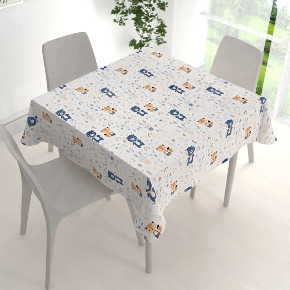 Biante Detský bavlnený štvorcový obrus Sandra SA-595 Modro-béžové lesné zvieratká na bielom 140x140 cm