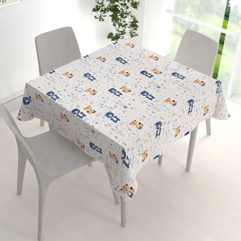 Biante Detský bavlnený štvorcový obrus Sandra SA-595 Modro-béžové lesné zvieratká na bielom 80x80 cm
