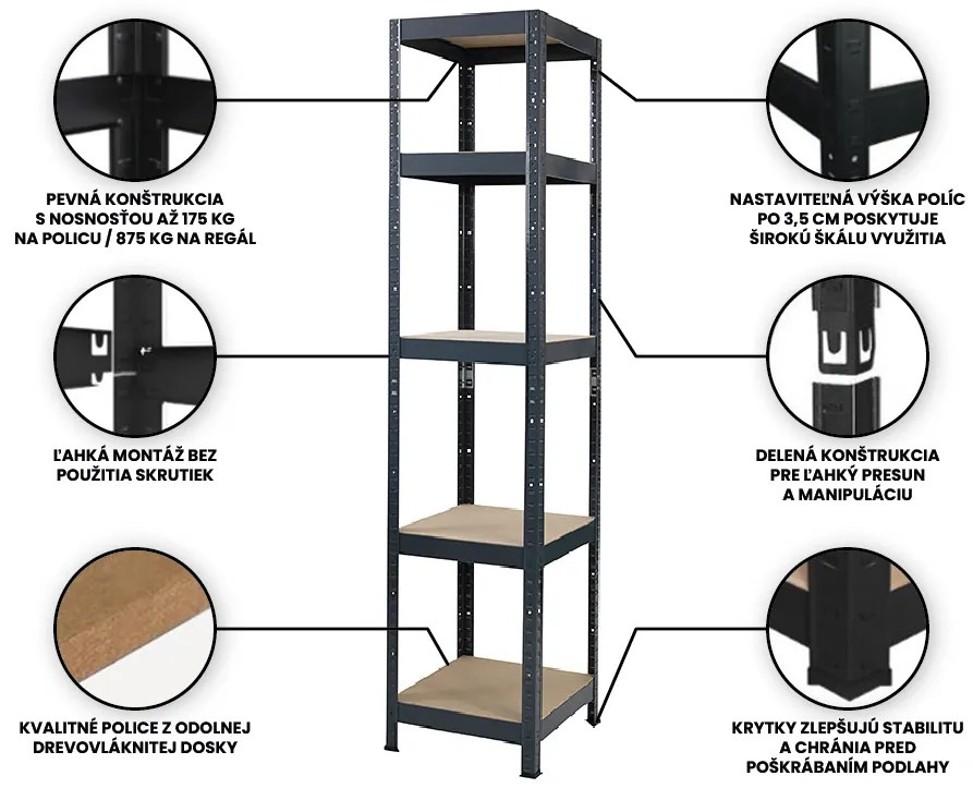 Fistar Regál 1800x400x400 mm lakovaný 5-policový, nosnosť 875 kg - ČIERNY
